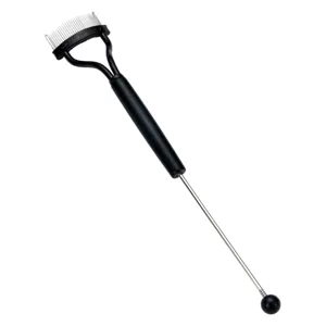 Stainless steel eyelash comb with black handle, professional lash extension tool for makeup.