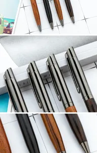 Close-up detail shot of luxury wooden pens with smooth metal clips and unique natural wood grain.