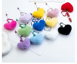 Plush heart keychain with metal carabiner and colorful beads, fluffy bag charm and pendant.