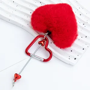 Red fluffy heart plush keychain with heart metal carabiner cute bag charm accessory