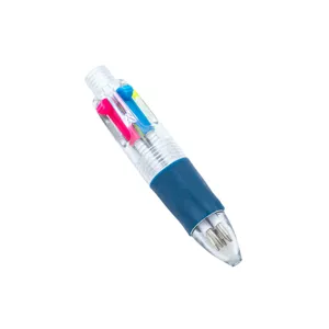 Mini stylo bille à 4 couleurs avec corps transparent et boutons colorés pour carnet.