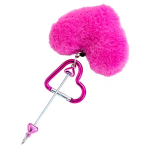 Cute pink plush heart carabiner keychain, fluffy bag charm for keys, backpack and purse accessories.