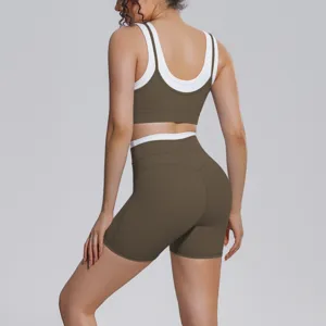 Women's two-piece yoga set contrast color activewear fitness gym crop top and shorts