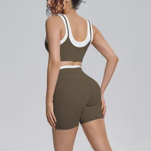 Contrast color seamless nylon yoga set backless sports bra and high waist biker shorts.