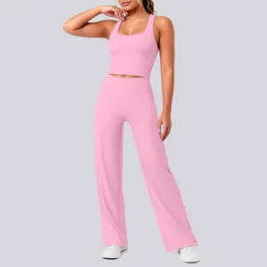 Rosa nahtloses Fitness Yoga Set fuer Damen, stylisches Crop Top und lange Sporthose