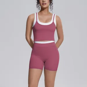 Women contrast yoga set tank top and shorts activewear fitness workout gym two piece set
