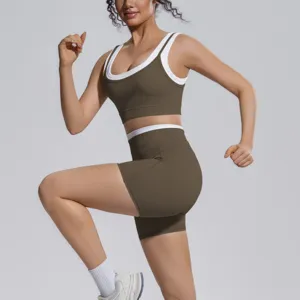 Brown and white contrast active yoga set two piece workout gym running sportswear apparel.