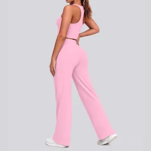 Rosa einfarbig Sporttop und weite Hose Yoga Set Detailansicht für Fitness Training.