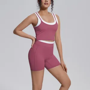 Women two piece yoga set activewear contrast color breathable fitness workout running shorts top