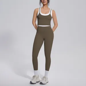 Women activewear detail, breathable ribbed tank top and high-waist yoga leggings set.