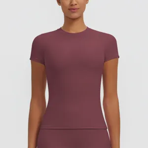 Detailed view of the women slim fit short sleeve athletic yoga sport top garment fabric.