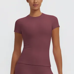 Close-up view of womens short sleeve quick dry yoga fitness top activewear detail