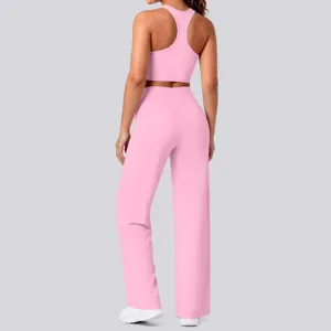 Rosa Racerback Yoga Crop-Top und High-Waist Hose, Fitness Sportbekleidung Detailansicht.