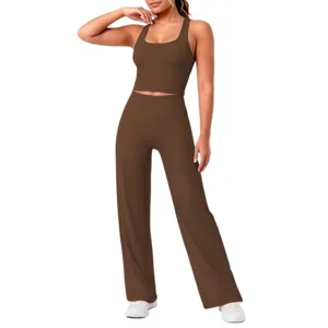 Einfarbiges Nylon Racerback Crop Top und High Waist Yoga Hosen Sportswear Set.