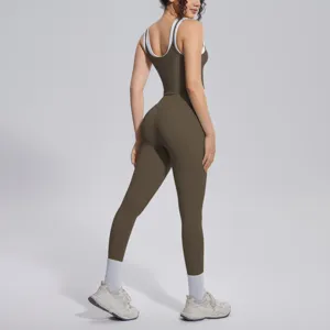 Women contrast color yoga set activewear tank top high waist leggings fitness gym apparel