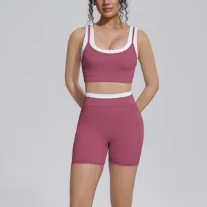 Women contrast color two-piece yoga set fitness sportswear breathable athletic crop top shorts