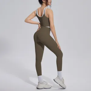 Women yoga set ribbed contrast crop top high waist leggings fitness gym sportswear activewear