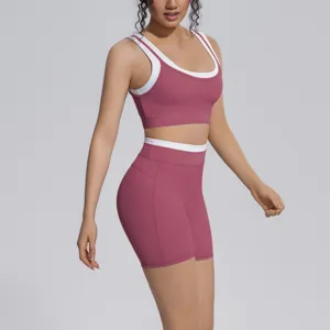 Contrast sport set detail, high waist shorts and backless bra, nude feel fitness wear.