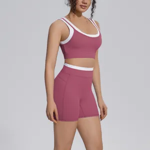 Seamless contrast color yoga set fitness activewear sports bra and high waist shorts workout gym