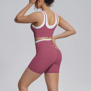 Contrast color seamless fitness yoga set women two-piece activewear gym workout athletic outfit