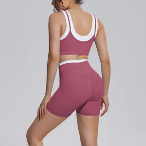 Colorblock fitness yoga set detail back view, breathable nylon activewear crop top and shorts.