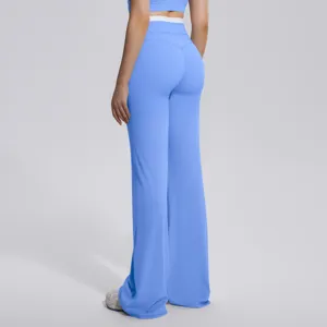 Pantalon de yoga évasé bleu taille haute vue détaillée, pantalon de sport extensible confort.