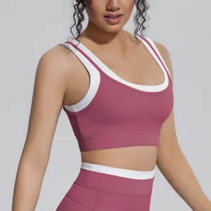 Ροζ λευκό contrast αθλητικό σουτιέν fake δύο κομμάτια ribbed fitness yoga wear detail