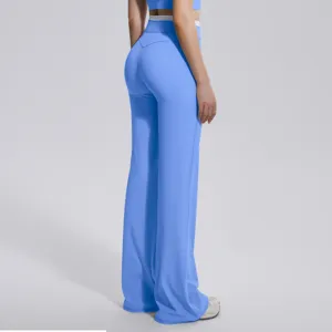 Pantalon de yoga évasé taille haute femme, pantalon de fitness sport détail contrasté.