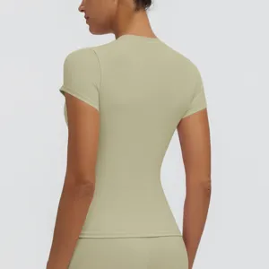 Women's quick-drying athletic short sleeve t-shirt, slim fit gym yoga top for running fitness workouts.