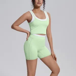 Contrast color yoga set crop top and high waist shorts for gym fitness running activewear