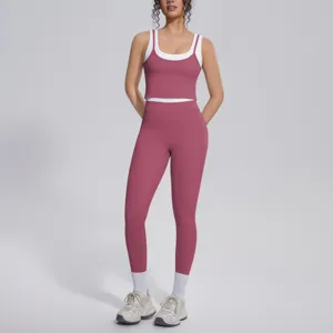 Women two-piece yoga set ribbed tank top high waist leggings sportswear fitness activewear