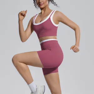 Women colorblock yoga set athletic sports bra and high waist fitness shorts for running gym.