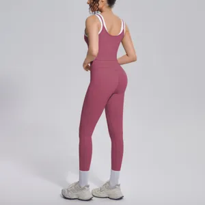 Women yoga set ribbed tank top and high waist leggings fitness running sportswear detail view