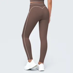 Mujer pantalon yoga cintura alta leggings de fitness marron con ribetes sport de active