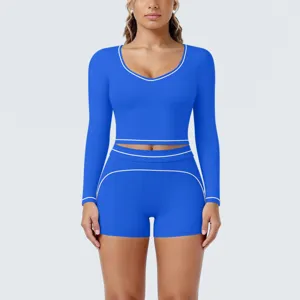 Royal blue contrast piping long sleeve crop top shorts yoga set for workout fitness running.