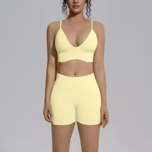 Conjunto de yoga sin costuras color solido top corto deportivo y pantalon fitness