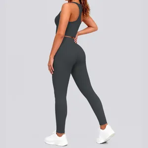 Seamless solid color yoga set detail view showing back design and high waist fit.