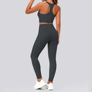 Detailed back view of dark grey women sports yoga set activewear fitness running outfit
