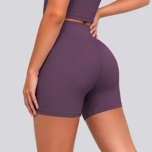 High waist yoga shorts, purple stretchy breathable athletic fitness workout activewear pants detail