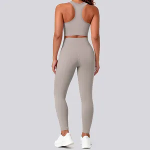 Back view detail of nude-feel seamless activewear set, high-waisted leggings and top.
