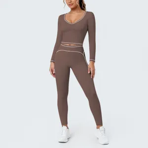 Brown contrast piping long sleeve crop top and high waist leggings fitness yoga activewear