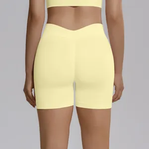Seamless V-waist yoga shorts high waist peach lifting fitness running sports shorts yellow