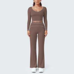 Braunes Langarm Crop Top und Schlag Yogahose Set mit weißen Paspeln Sportbekleidung