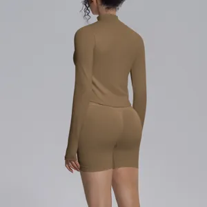 Seamless solid color sports yoga set long sleeve top and shorts for fitness running.