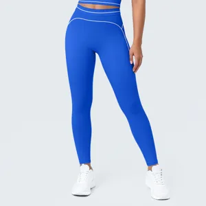 Mallas de yoga azul real de cintura alta para mujer, que ofrecen un ajuste cómodo para entrenar.