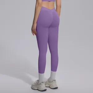 Seamless high waist purple yoga leggings detailed back view for women gym fitness workoutwear