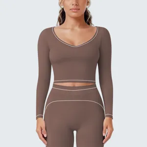 Dames lange mouw crop top fitness yoga set bruin sportiefhardlopen gymkleding outfit