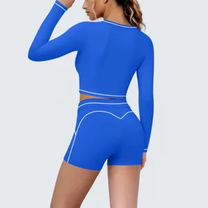 Royal blue long sleeve crop top and shorts sports yoga set, high elasticity activewear active.