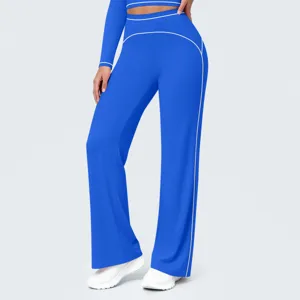 High waist wide leg sports pants royal blue contrast piping casual activewear yoga trousers