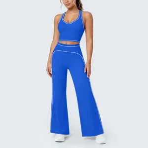 Ensemble Sport Bleu Femme Soutien-Gorge et Pantalon Large Yoga Entraînement Fitness